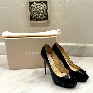 Jimmy Choo Crown Patent Black Leather Peep Toe Heel